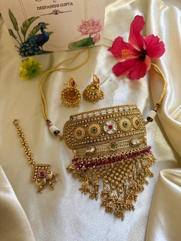 Rukmini Antique Gold Plated Bridal Combo Necklace Set - Image 8