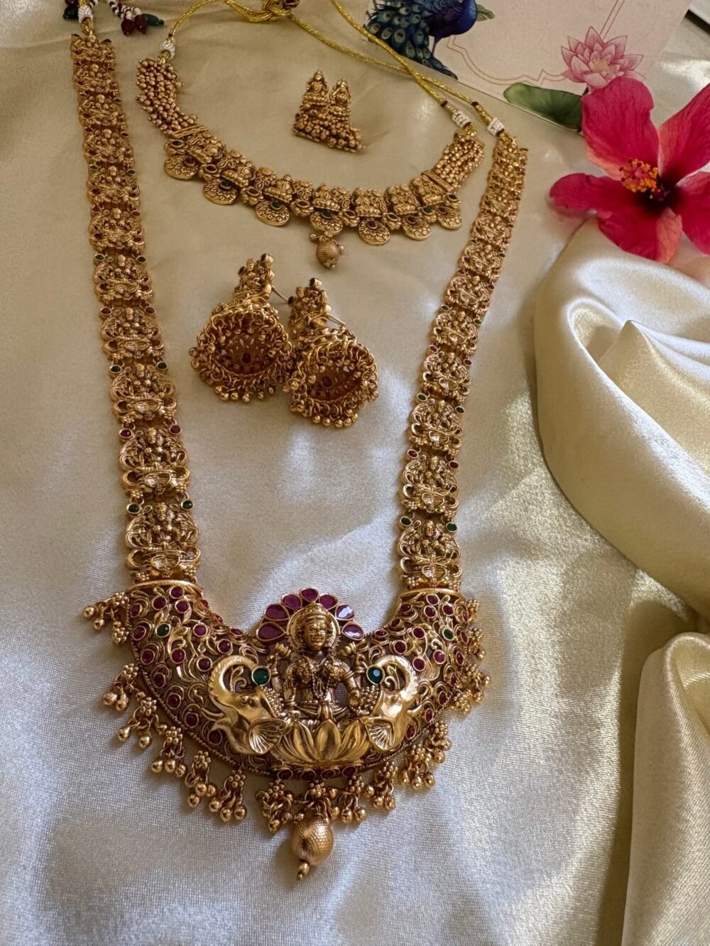 Rukmini Antique Gold Plated Bridal Combo Necklace Set - Image 6