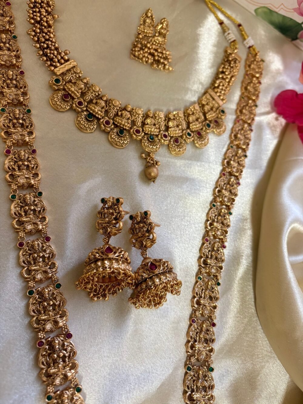 Rukmini Antique Gold Plated Bridal Combo Necklace Set - Image 4
