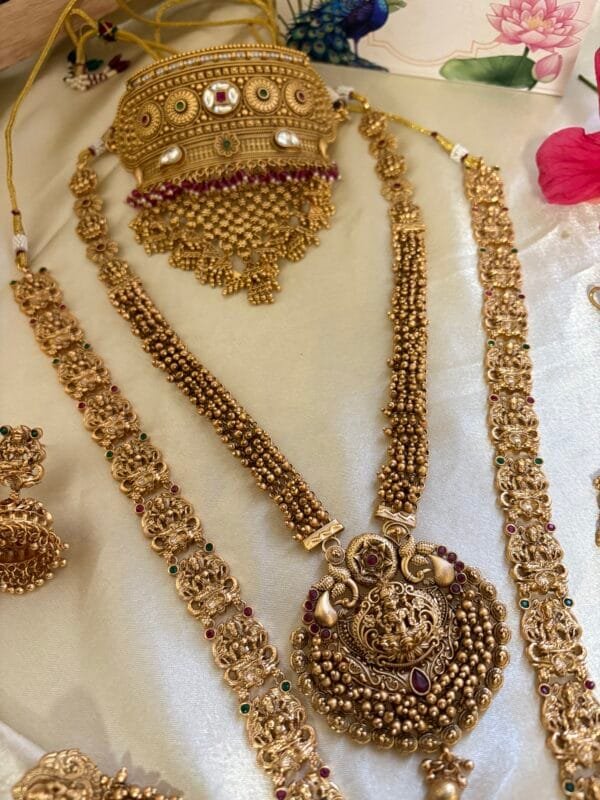 Rukmini Antique Gold Plated Bridal Combo Necklace Set - Image 3