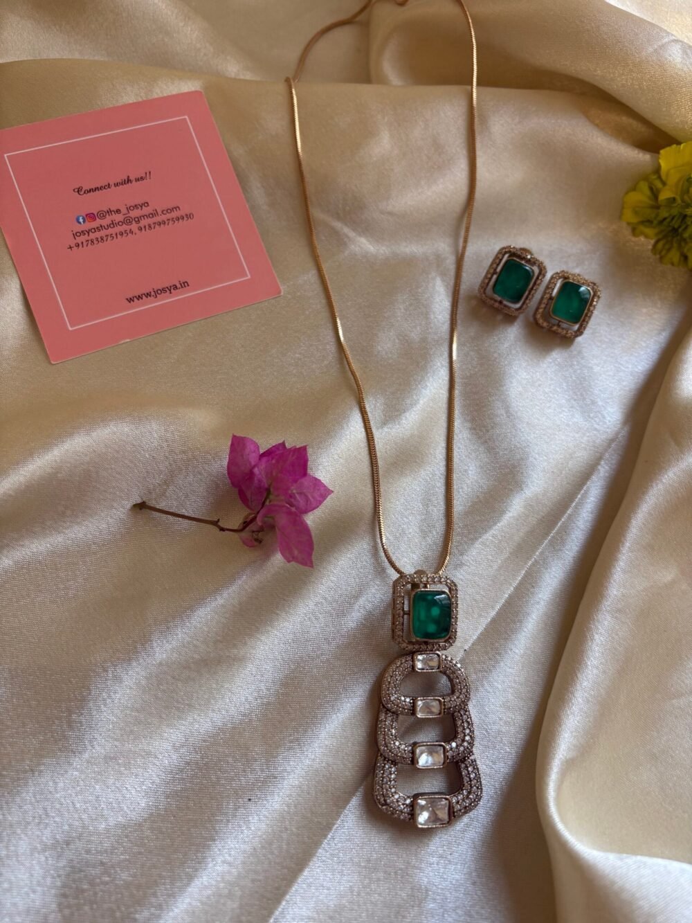 Mesmerizing Emerald and American Diamond Pendant Necklace Set - Image 4
