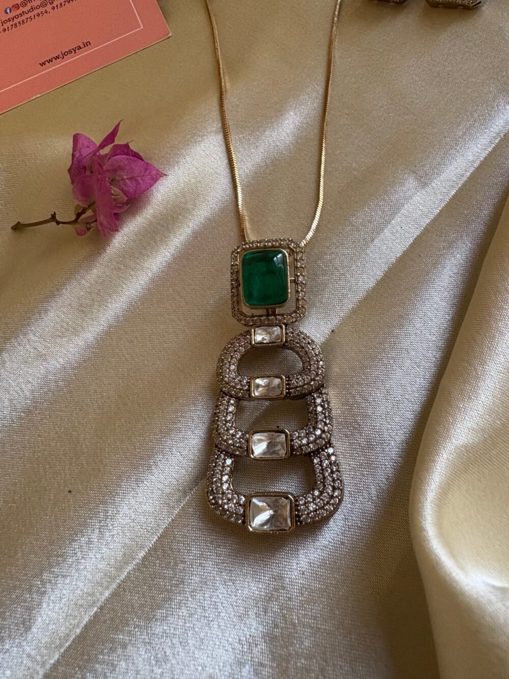Mesmerizing Emerald and American Diamond Pendant Necklace Set - Image 2
