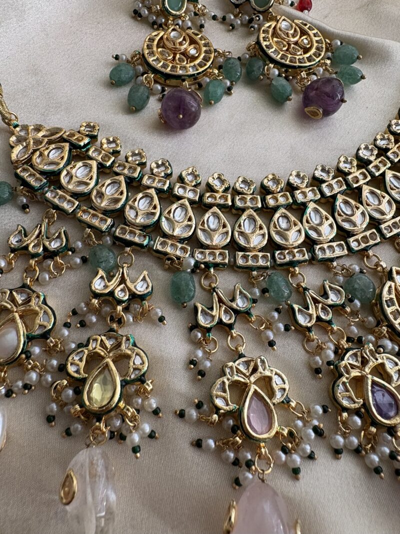 Ambika Kundan Navratan Bridal Necklace Set - Image 3