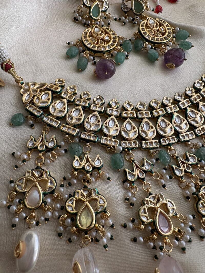 Ambika Kundan Navratan Bridal Necklace Set - Image 4