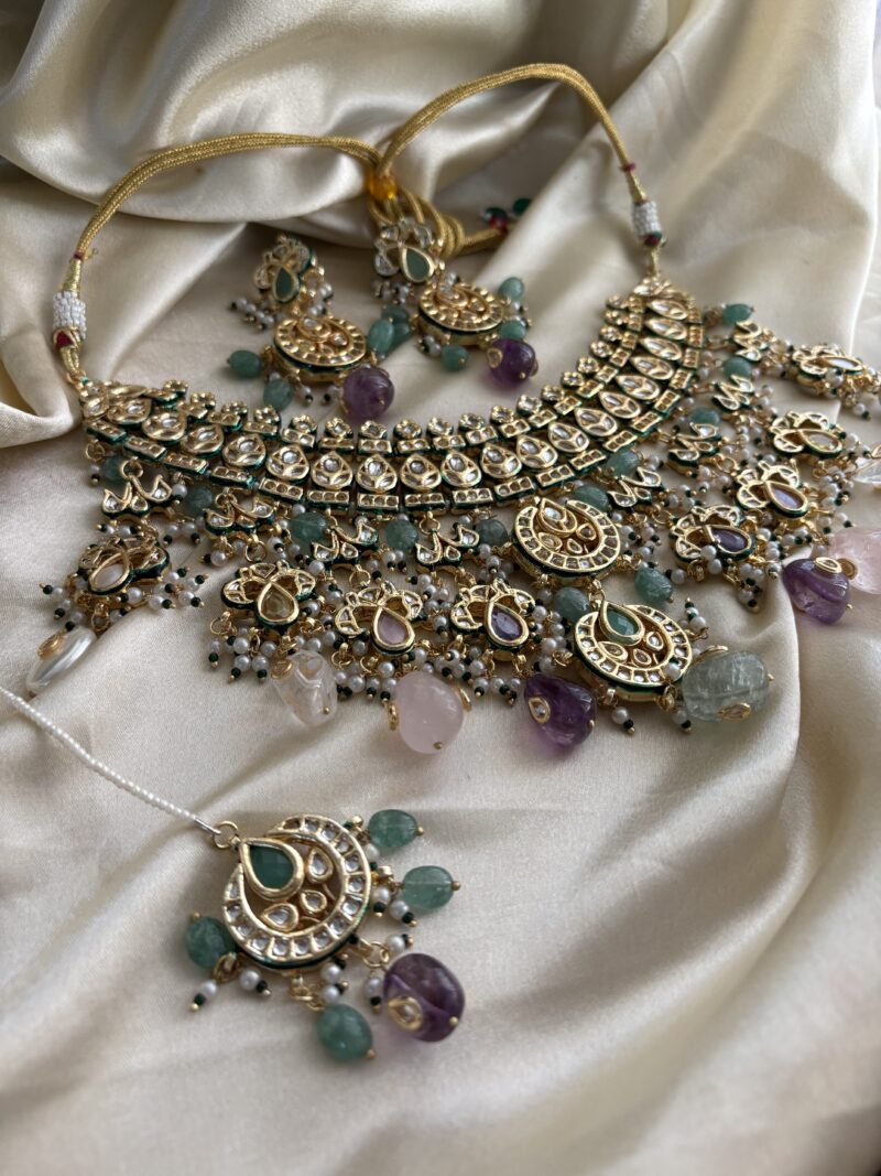 Ambika Kundan Navratan Bridal Necklace Set - Image 10