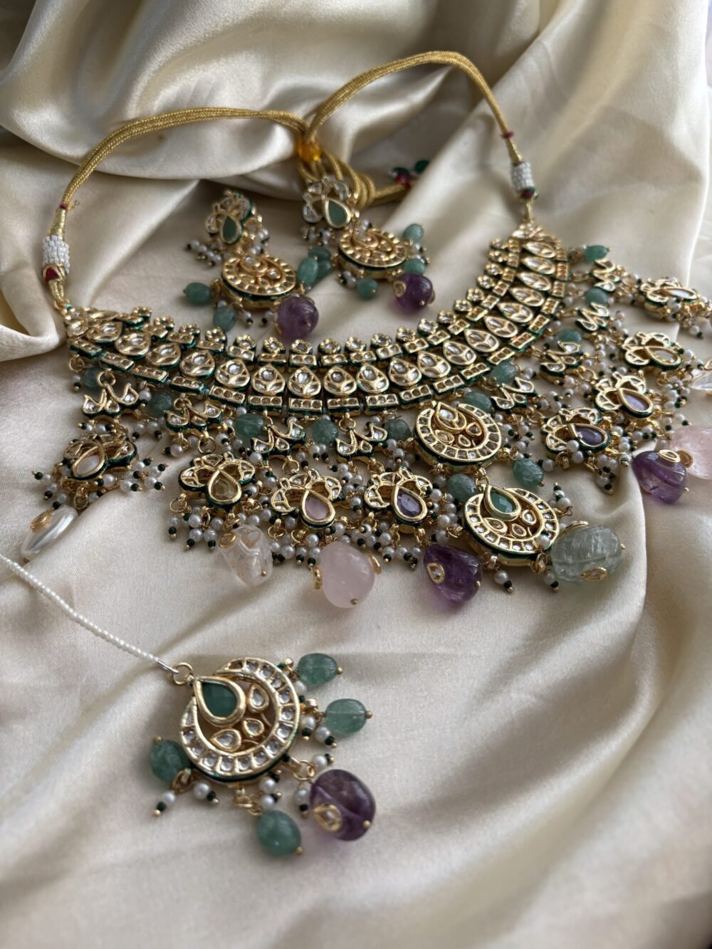 Ambika Kundan Navratan Bridal Necklace Set - Image 13