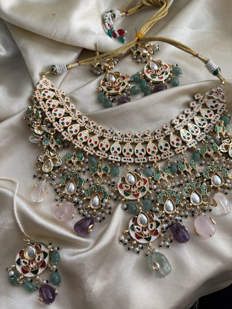 Ambika Kundan Navratan Bridal Necklace Set - Image 11