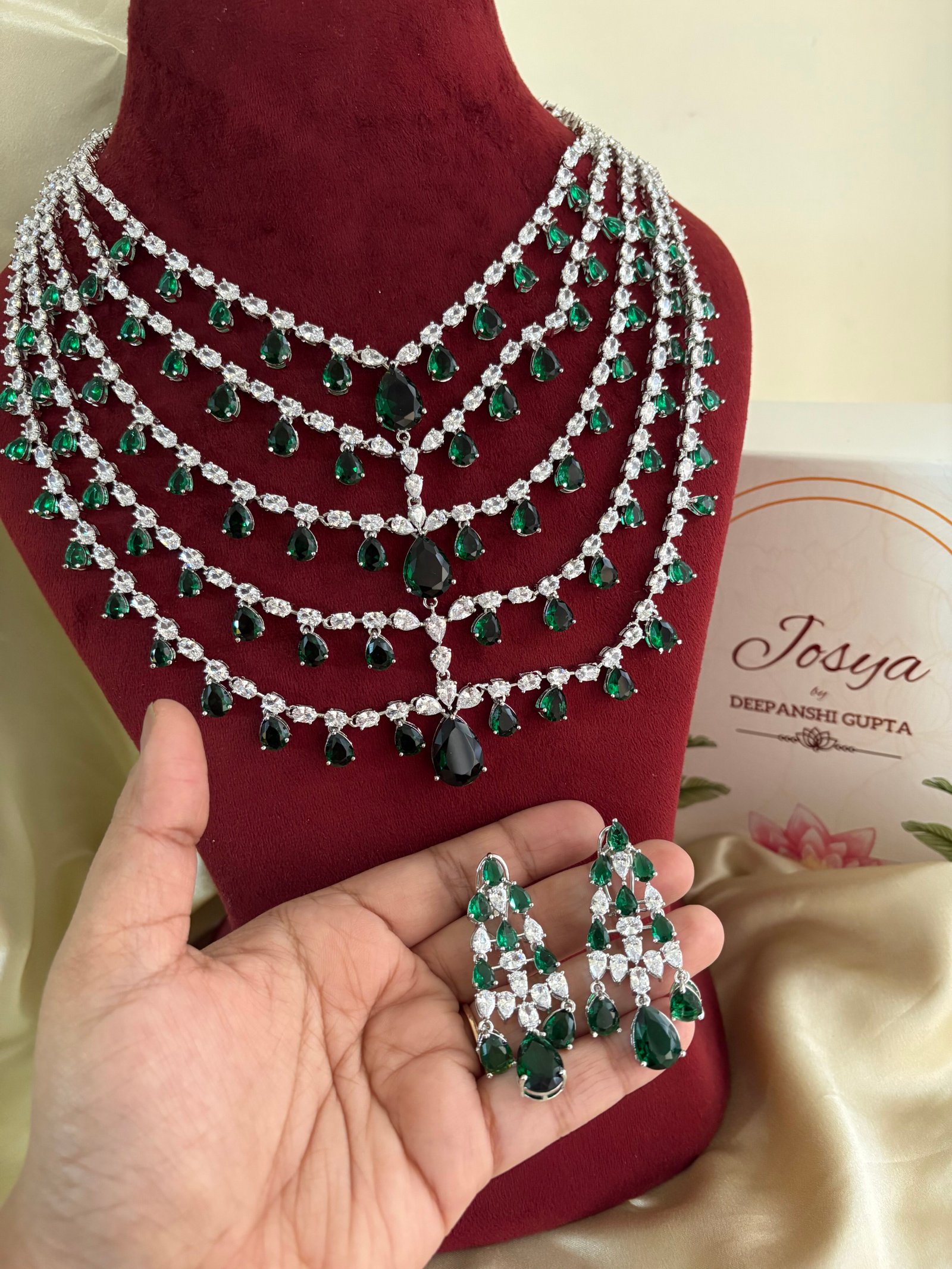 Charming Diamond Bridal Layered Necklace Set (Emerald)