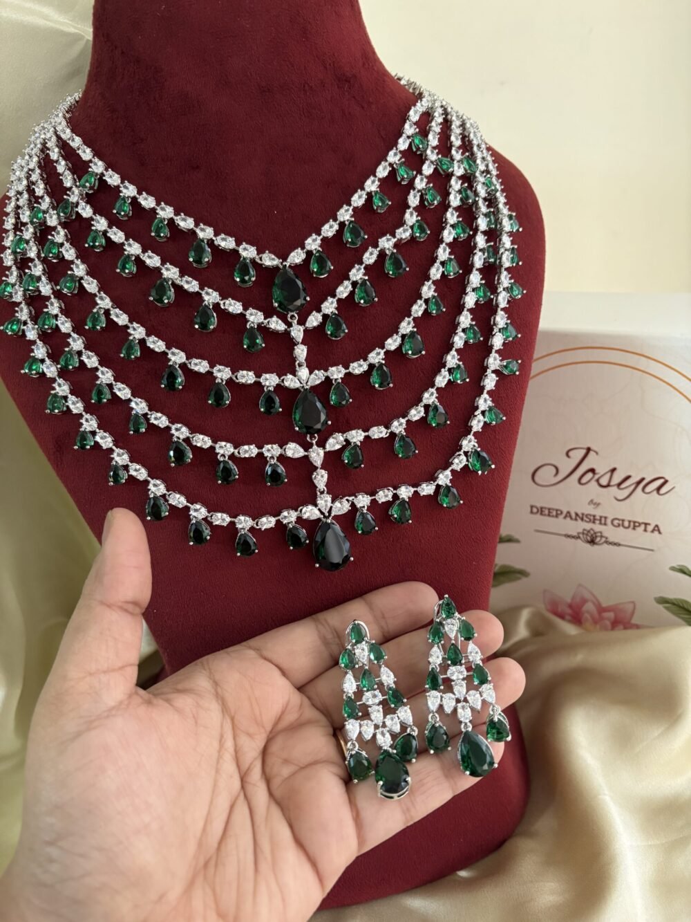 Charming Diamond Bridal Layered Necklace Set (Emerald)
