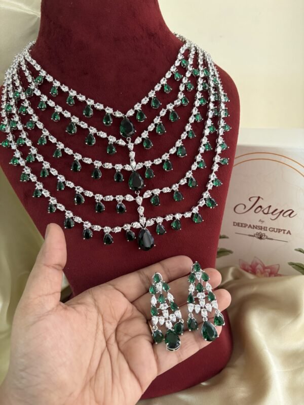 Charming Diamond Bridal Layered Necklace Set (Emerald)