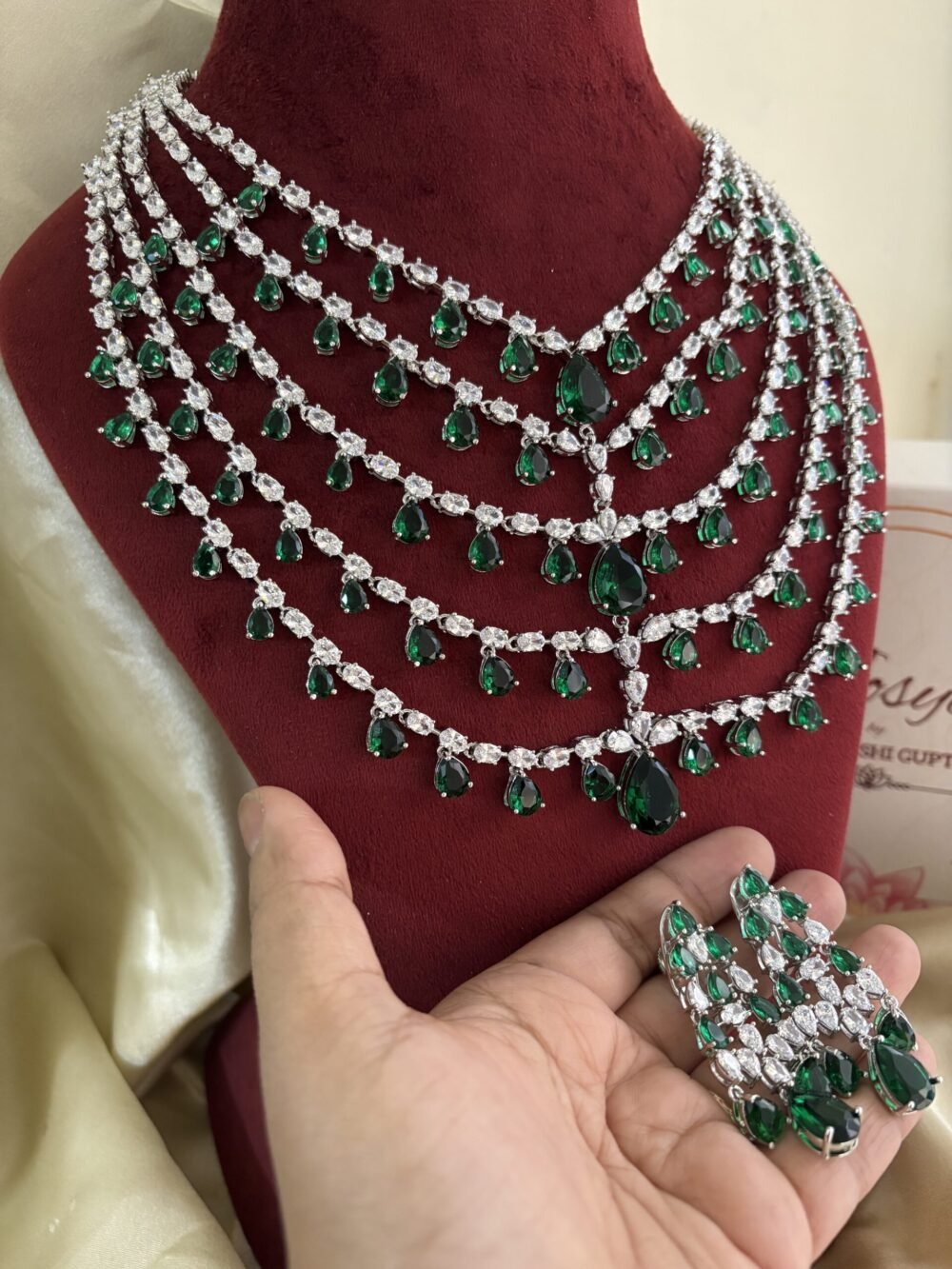 Charming Diamond Bridal Layered Necklace Set (Emerald) - Image 5