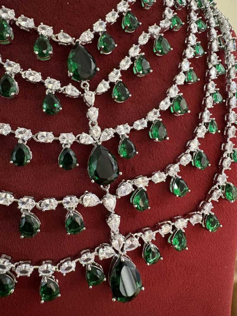 Charming Diamond Bridal Layered Necklace Set (Emerald) - Image 2