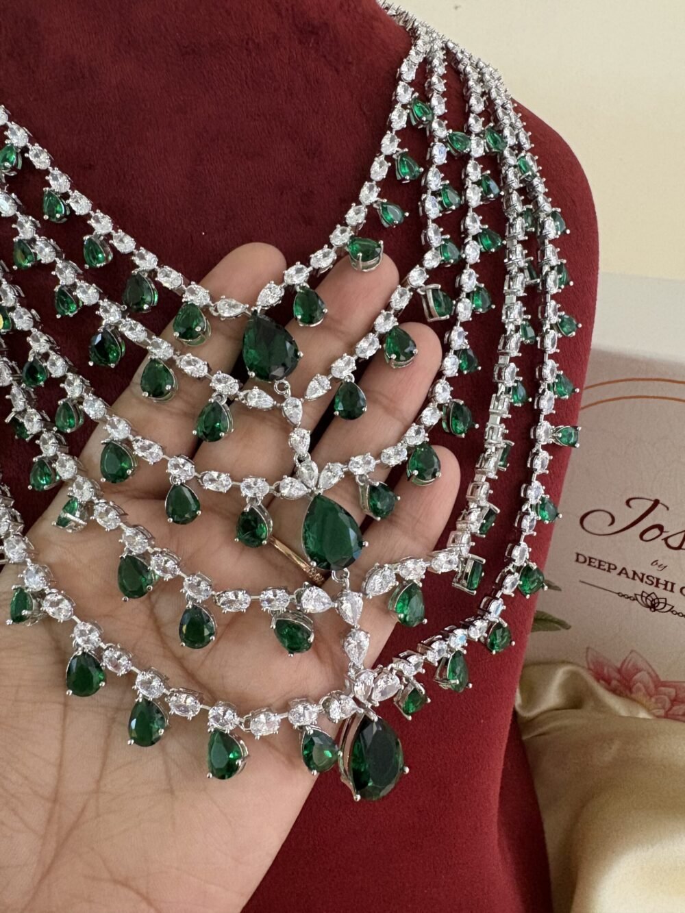Charming Diamond Bridal Layered Necklace Set (Emerald) - Image 3