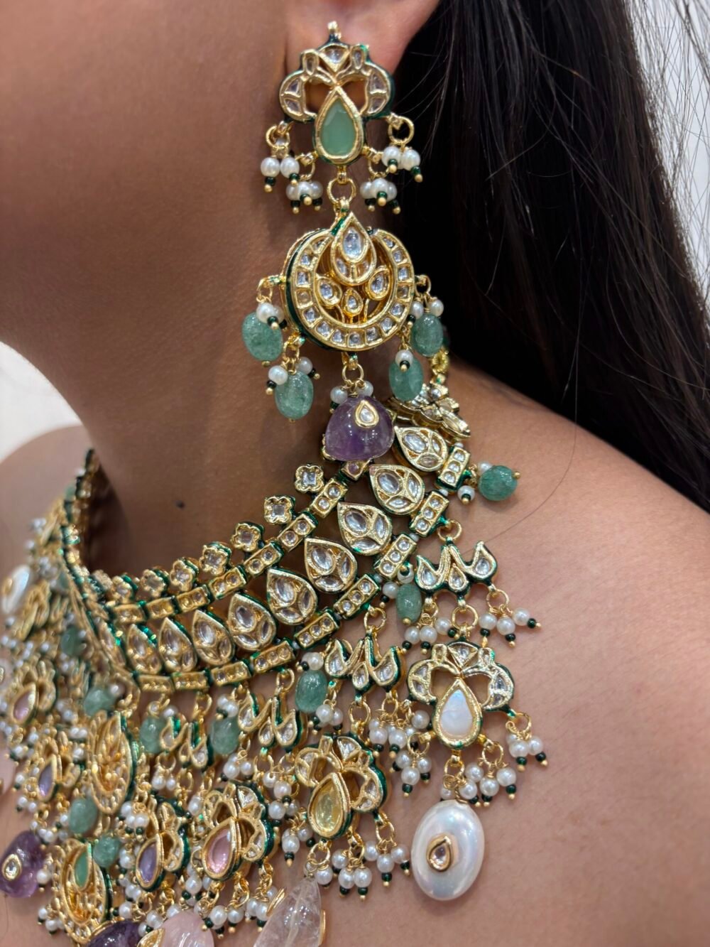 Ambika Kundan Navratan Bridal Necklace Set - Image 2