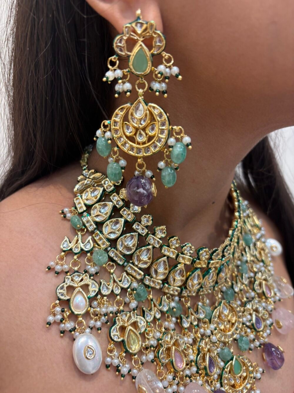 Ambika Kundan Navratan Bridal Necklace Set - Image 3