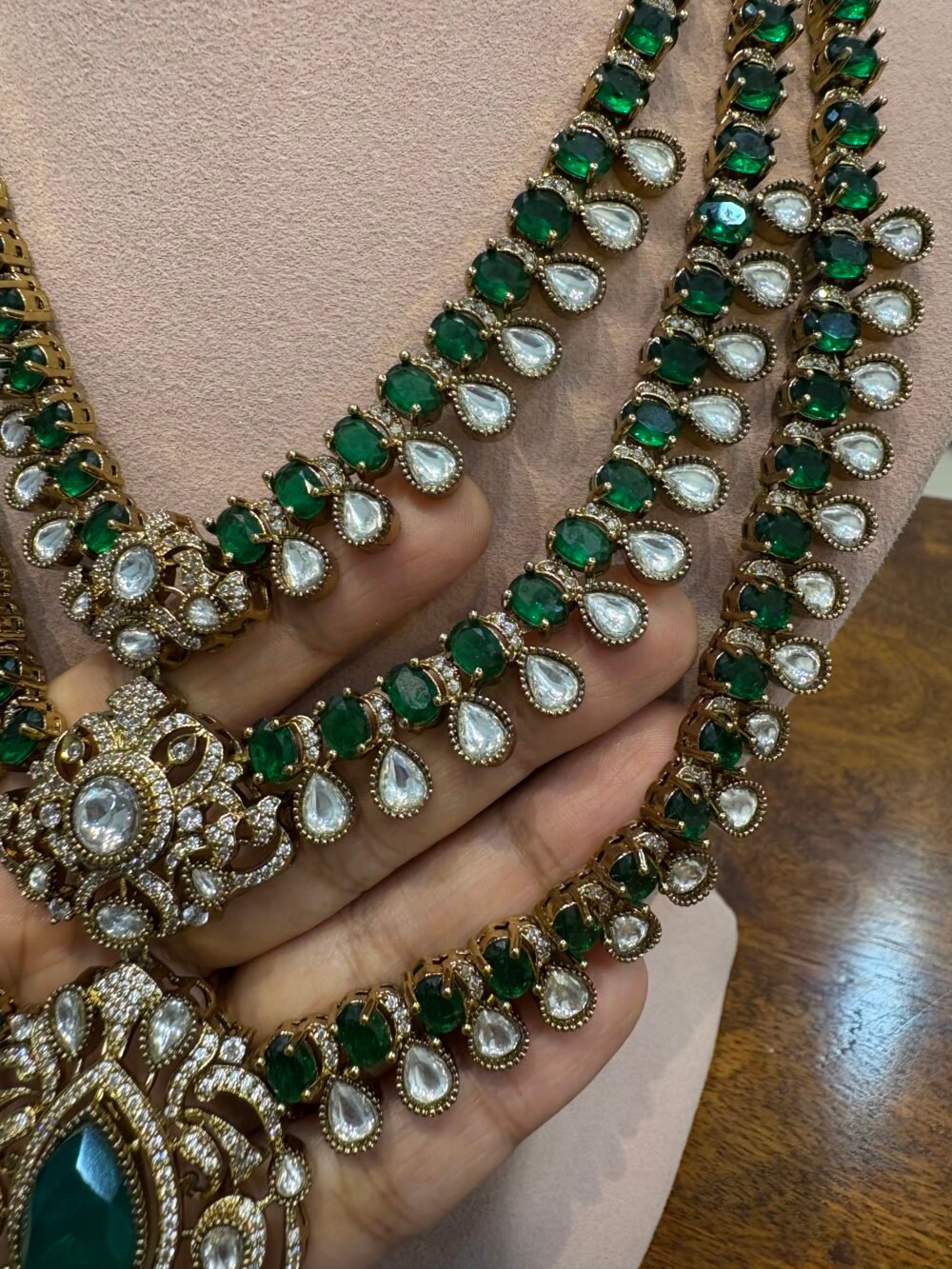 Arushi Emerald Three Layer Necklace set - Image 5