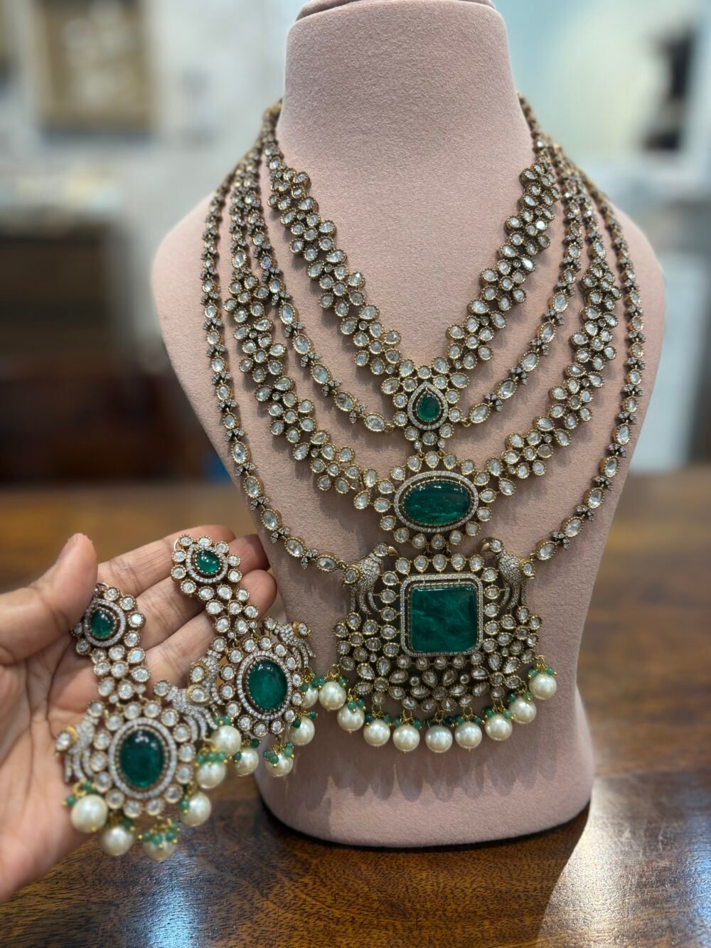Ajeeta Emerald layered Necklace set - Image 11