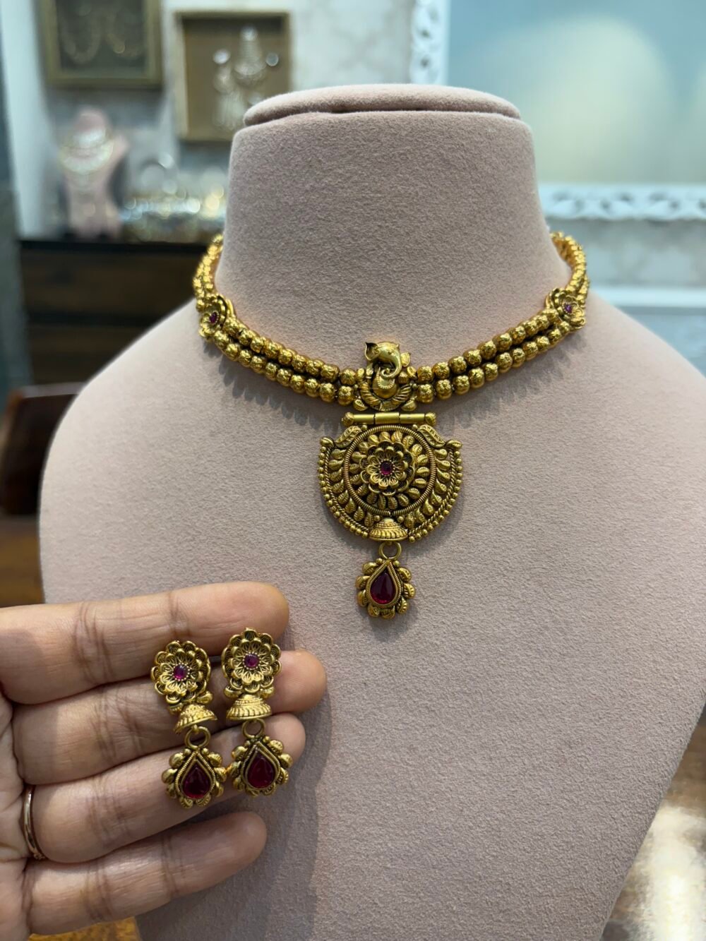 Shubha Antique Gold Necklace Set - Image 7