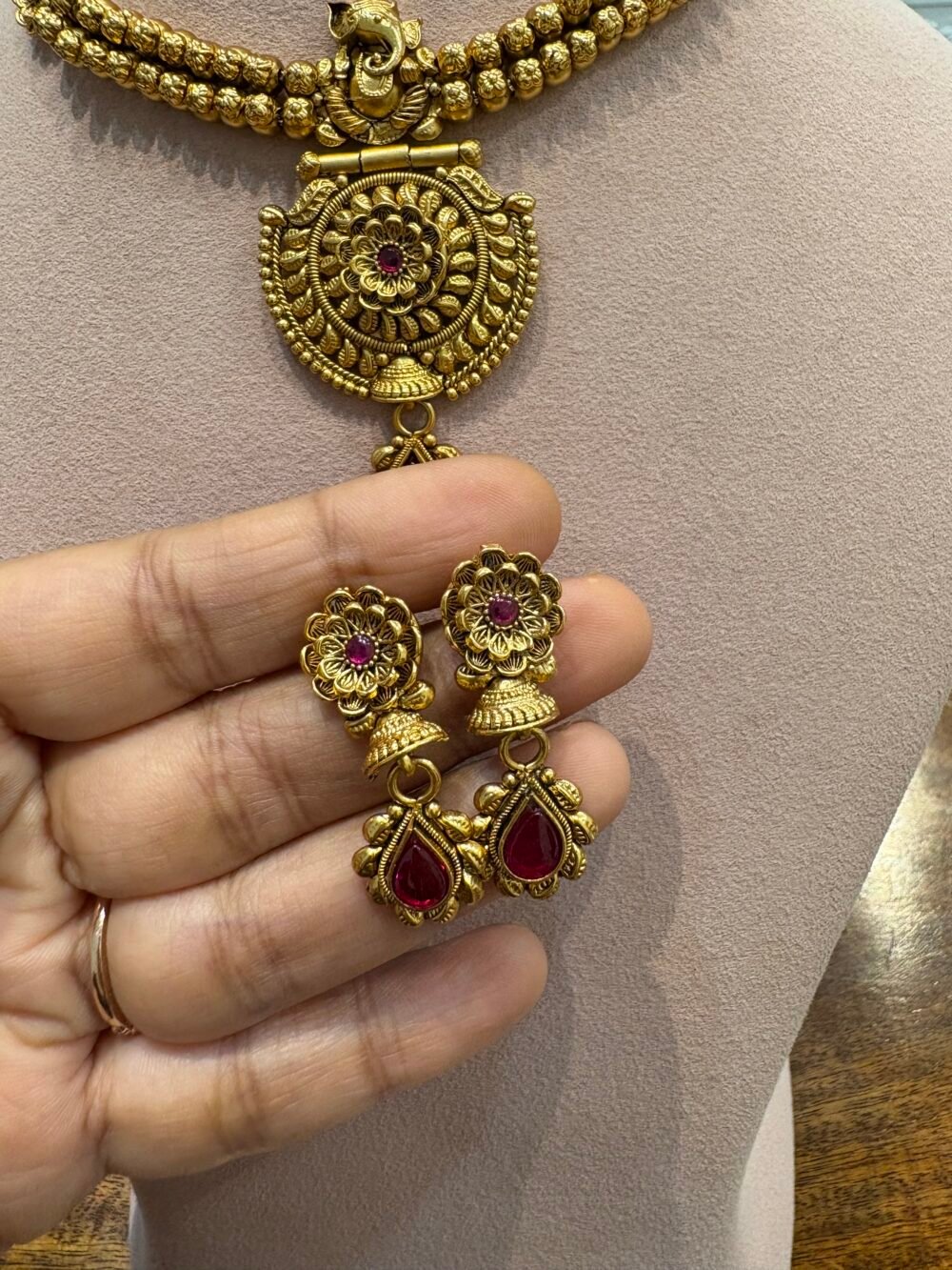 Shubha Antique Gold Necklace Set - Image 5