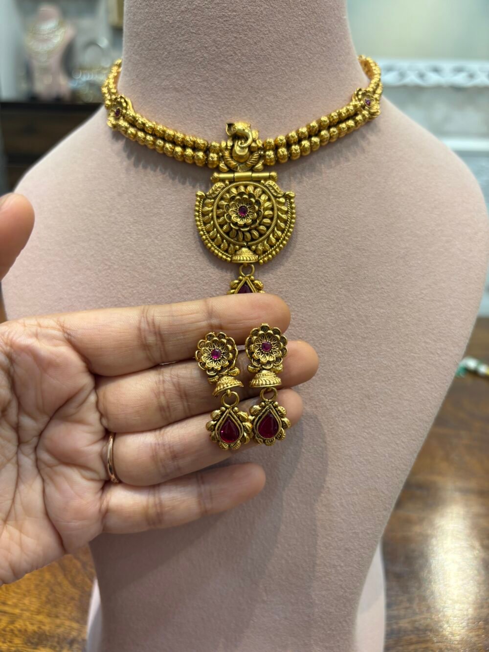 Shubha Antique Gold Necklace Set - Image 6