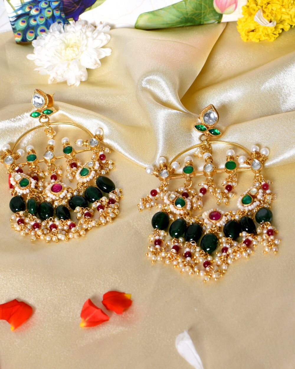 Amoha Kundan Chandbali Earrings - Emerald - Image 2