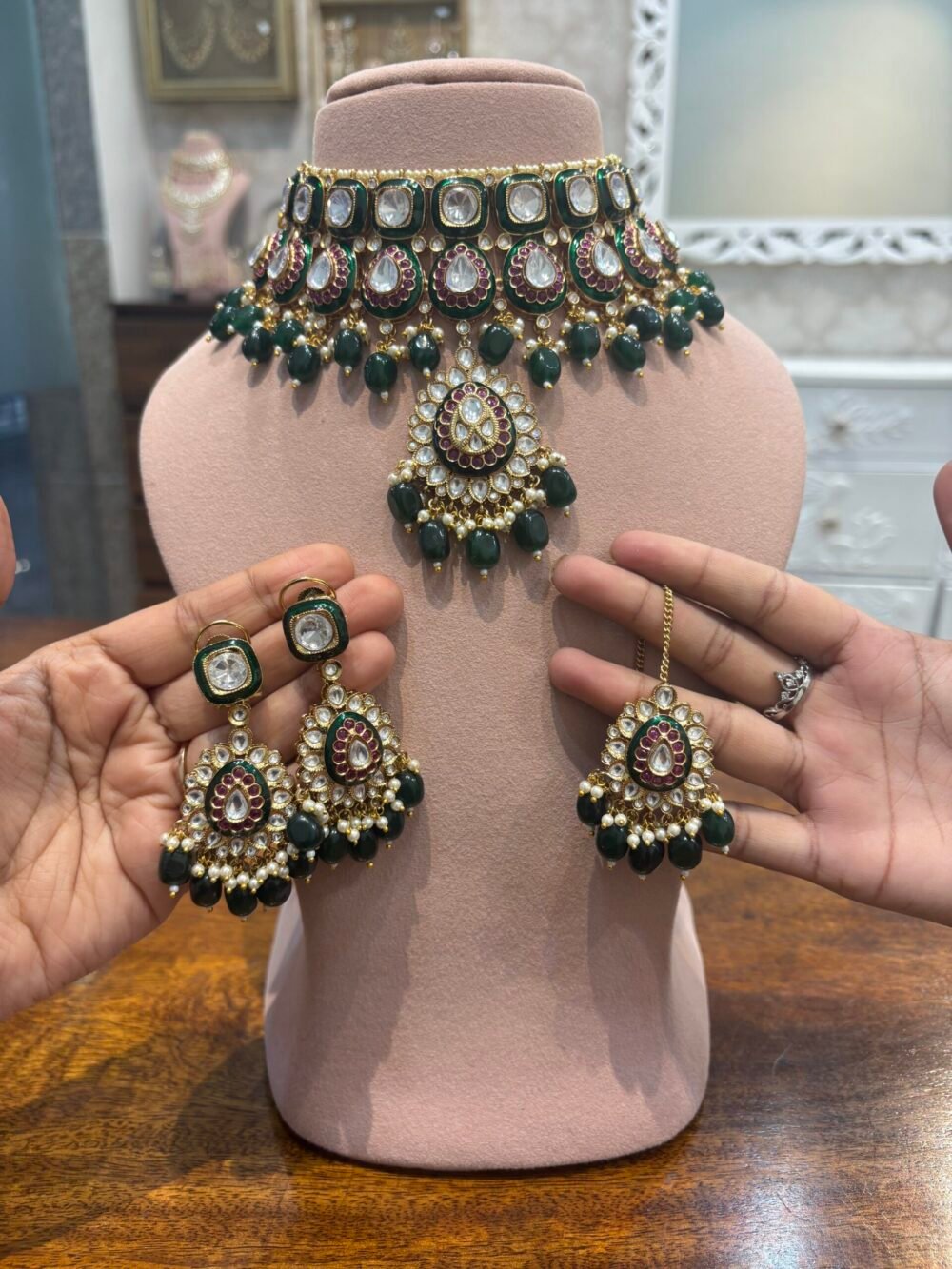 Aarini Polki Necklace set -Emerald Ruby