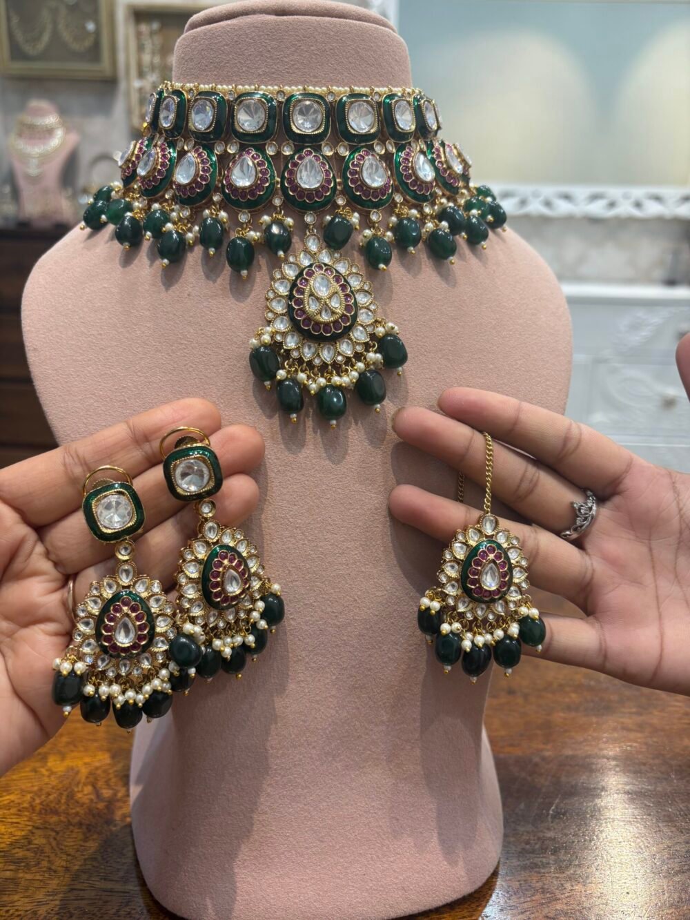 Aarini Polki Necklace set -Emerald Ruby - Image 11