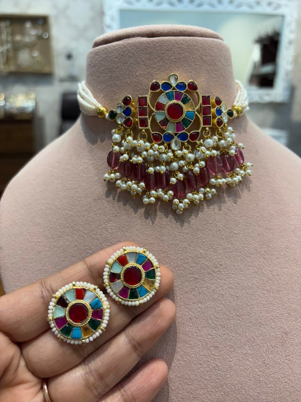 Madhavi Kundan Choker Set - Navratan